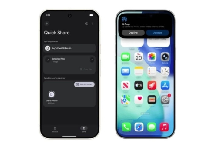 Kemampuan untuk mentransfer dan menerima antara Android dan iPhone melalui Quick Share dan AirDrop. Foto: Google
